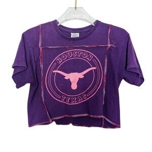 Vintage Upcycled Purple Short Sleeve Cropped Houston Texas T-Shirt Neon Pink